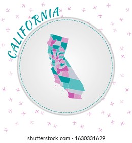 California map design. Map of the US state with regions in emerald-amethyst color palette. Rounded travel to California poster with US state name and airplanes background.