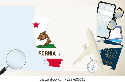 Mapa y bandera de California, avión de carga en el mapa detallado de California con bandera, pasaporte, lupa y avión. Plantilla de vectores.