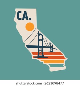 California Map with Golden Gate Scenery Perfect for Sticker, Apparel, etc