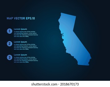 CALIFORNIA map, infographic style , on dark background with Map World. Wire frame 3D mesh , map 3D,