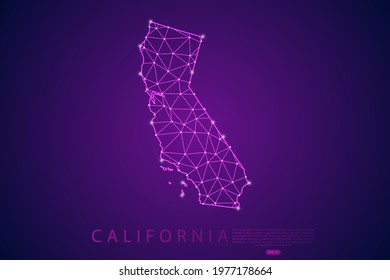California Map mash line and point scales on purple technology background. Wire Frame 3D mesh polygonal network line, design sphere, dot and structure -  Vector illustration eps 10