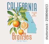California map Orange print design, summer fruit print for food fashion, fresh and juice, natural food print, Hand drawn vector fruit illustration. Engraved style. Vintage citrus illustration.