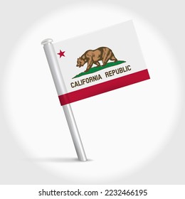 California map pin flag icon. Pennant map marker on a metal needle. 3D realistic vector illustration.