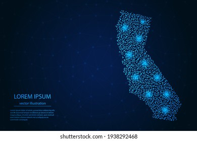 California map from point blue and glowing stars on a dark background. Vector eps 10.