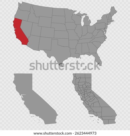 California map set with USA location, clean outline, and full county breakdown.