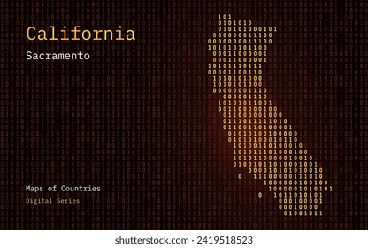 California Map Shown in Binary Code Pattern. Sacramento. Matrix numbers, zero, one. United States Vector Maps. Digital Series	