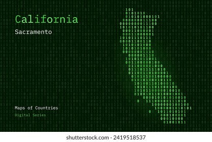 California Map Shown in Binary Code Pattern. Sacramento. Matrix numbers, zero, one. United States Vector Maps. Digital Series	