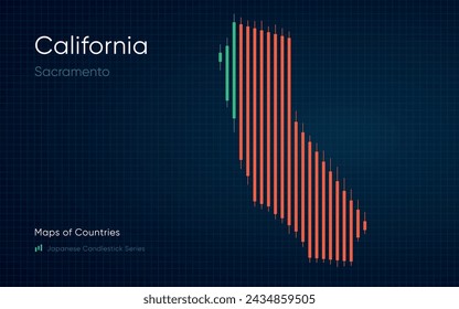 California map is shown in a chart with bars and lines. Japanese candlestick chart Series	