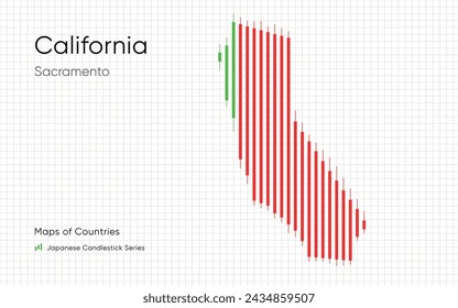 California map is shown in a chart with bars and lines. Japanese candlestick chart Series	
