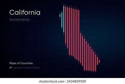 California map is shown in a chart with bars and lines. Japanese candlestick chart Series	