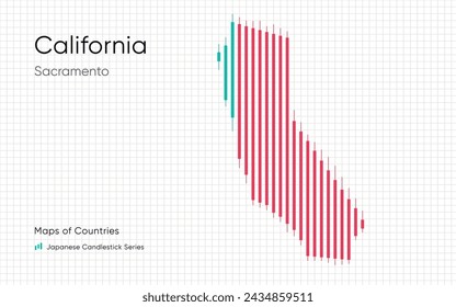 California map is shown in a chart with bars and lines. Japanese candlestick chart Series	