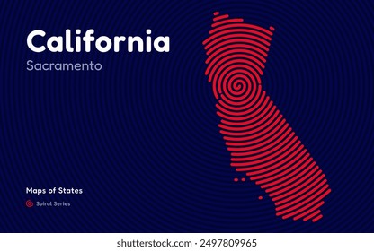 California Map in Spiral Formation: Sacramento Takes Center Stage. Fingerprint and stripes pattern. American states maps.