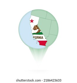 California map, stylish location icon with California map and flag. Green pin icon.