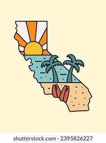 California map with summer beach design inside monoline illustration for t shirt sticker badge design