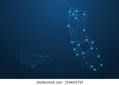 California Map - United States of America Map vector with Abstract futuristic circuit board. High-tech technology mash line and point scales on dark background - Vector illustration ep 10 