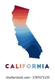 Mapa de California. Mapa del estado de estados unidos con bellas olas geométricas en colores azul rojo. Forma de California Vivid. Ilustración vectorial.