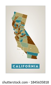 California map. US state poster with regions. Old grunge texture. Shape of California with US state name. Artistic vector illustration.