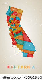 California map. US state poster with colored regions. Old grunge texture. Vector illustration of California with US state name.