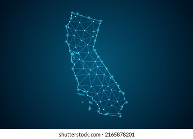 California Map - USA Map mash line and point scales on blue technology background. Wire Frame 3D mesh polygonal network line, design sphere, dot and structure -  Vector illustration eps 10