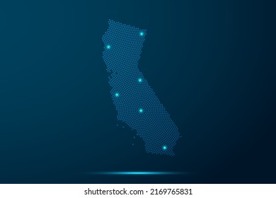 California Map - USA, United States of America Map vector template with dots, halftone style and light, network line, design sphere on blue technology background -  Vector illustration ep 10