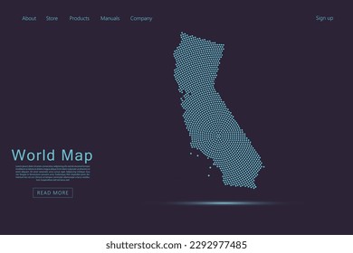 California Map - USA, United States of America Map with blue dots, grid, grunge, halftone style isolated on dark purple background for website, technology design - Vector illustration eps 10