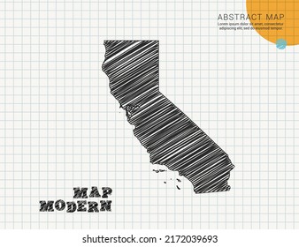 California map of vector black silhouette chaotic hand drawn scribble sketch on grid paper used for notes or decoration.