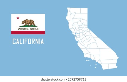California map. Vector California map with California flag isolated on blue background.	