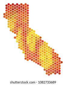 California map. Vector hex tile territorial scheme using fire color tints. Impressive California map composition is composed of hot hex-tile dots.