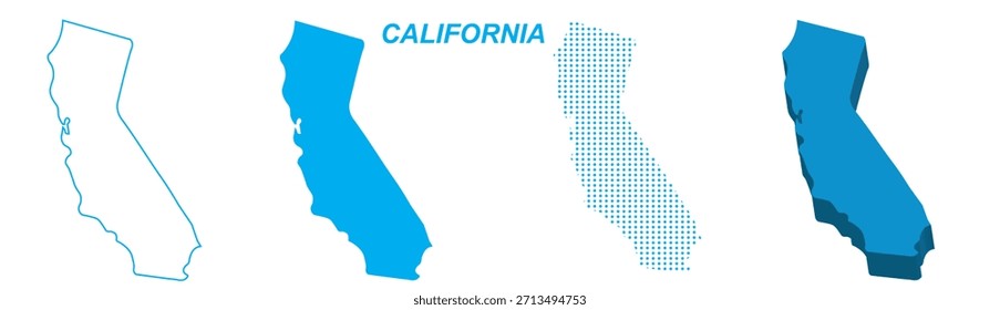 Conjunto de Vectores de mapas de California, EE. UU. Silueta de contorno Formas sólidas 3D punteadas, Plantilla de infografía estatal de California, EPS editable Geografía de California