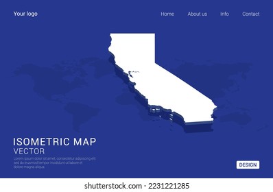 California map white on dark blue background 3d isometric vector illustration.