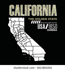 California map.Vintage and typography design in vector illustration.clothing,t-shirt,apparel and other uses.Abstract design with the grunge and denim style. Vector print, typography, poster. 