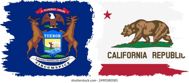 California and Michigan states grunge brush flags connection, vector