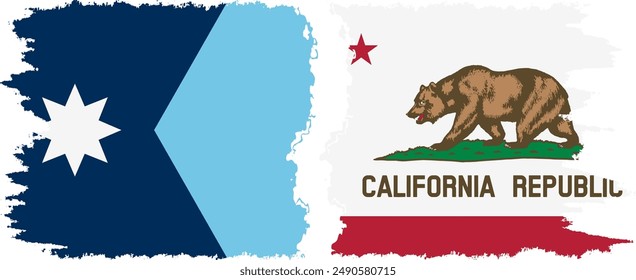 California and Minnesota states grunge brush flags connection, vector