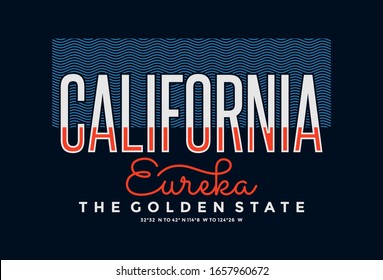 California, modern and stylish typography slogan. Colorful abstract design with the lines style. Vector for print tee shirt, typography, poster and other uses. Global swatches.