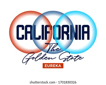 California, modern and stylish typography slogan. Colorful abstract design with the halftone and the lines style. Vector for print tee shirt, typography, poster and other uses. Global swatches.