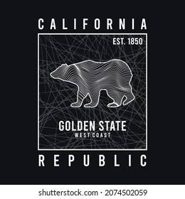 California modern typography for t-shirts. California college t-shirt with grizzly bear. Golden Country Slogan, whith background texture Vector illustration