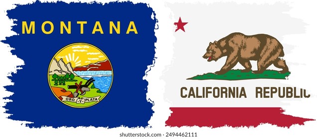 California and Montana states grunge brush flags connection, vector