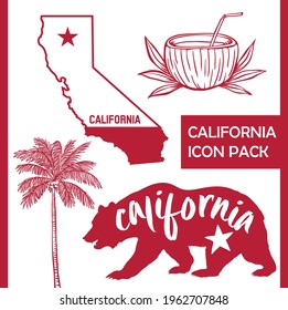 California motif icons with Palm tree, bear, coconut, and state.