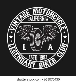 California motorcycle graphic for t-shirt. Los Angeles, LA biker club logo for clothes design. Vintage apparel typography. Retro print with wheel with wings. Vector illustration.