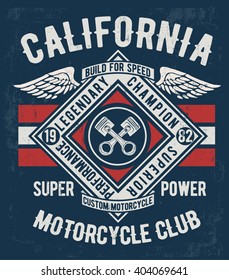 California motorcycle typography with wing illustrations, t-shirt graphics, vectors.