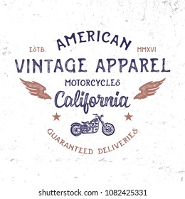 California motorcycles typography. Textured vintage vector t-shirt and apparel design; typography; print; logo; poster. Vector
