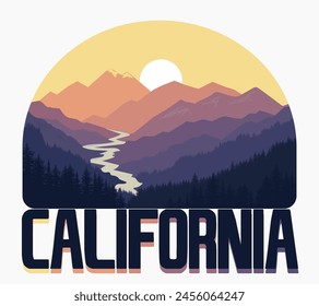 California Mountains t-shirt vector emblem graphics. Golden State National Forest print. vector