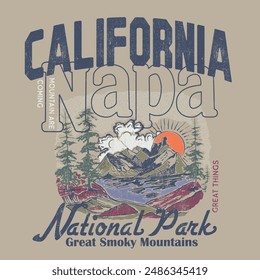 Kalifornien Napa Berg sind handgezeichnete Illustration, Nationalpark Grafik-Kunstwerk, Abenteuer Vintage Print Design für T-Shirt und andere, Mädchen Grafik in der Vektorgrafik 