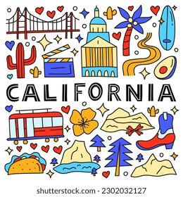 California national landmarks and attractions in doodle style isolated on white background. American tourism concept. Welcome poster.