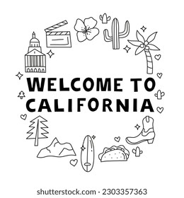 California national landmarks and attractions in doodle style composed in circle shape. American tourism concept. Welcome poster.