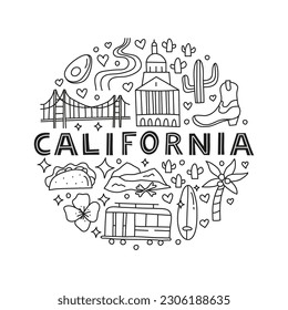 California national landmarks and attractions in doodle style composed in circle shape. American tourism concept. Welcome poster.