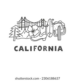 California national landmarks and attractions in doodle style isolated on white background. American tourism concept. Welcome poster.