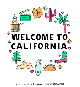 California national landmarks and attractions in doodle style composed in circle shape. American tourism concept. Welcome poster.