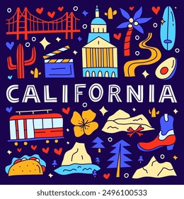 California national landmarks and attractions in doodle style isolated on dark background. American tourism concept. Welcome poster.