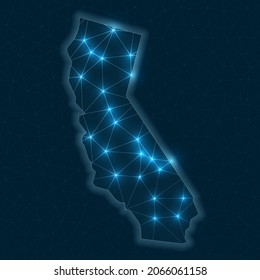 California network map. Abstract geometric map of the us state. Digital connections and telecommunication design. Glowing internet network. Awesome vector illustration.